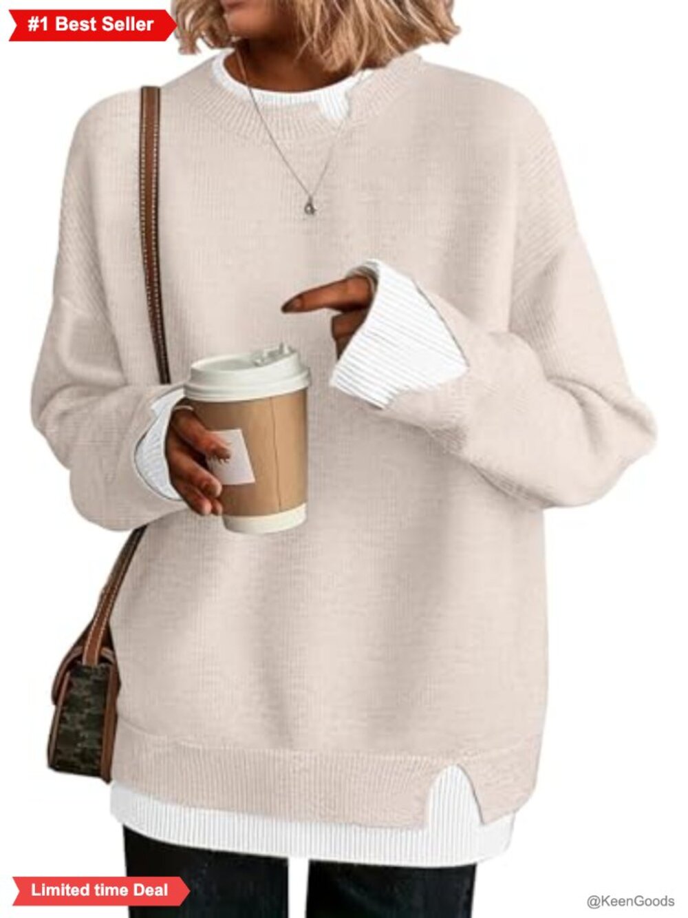 Womens Oversized Cut-Out Knit Sweater Crew Neck Pullover for Fall Winter